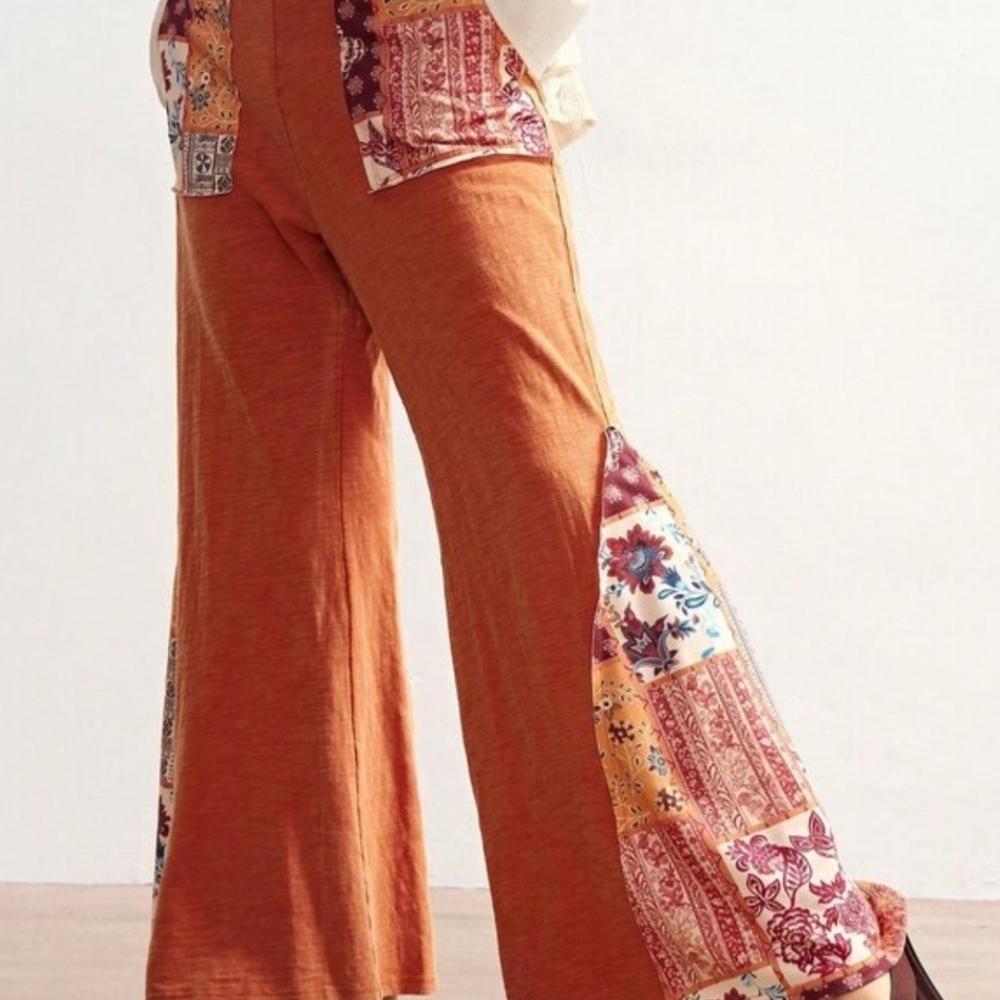 Orange Boho Women's Casual Knit Patchwork Flare Washed Pants - Picture 7 of 8